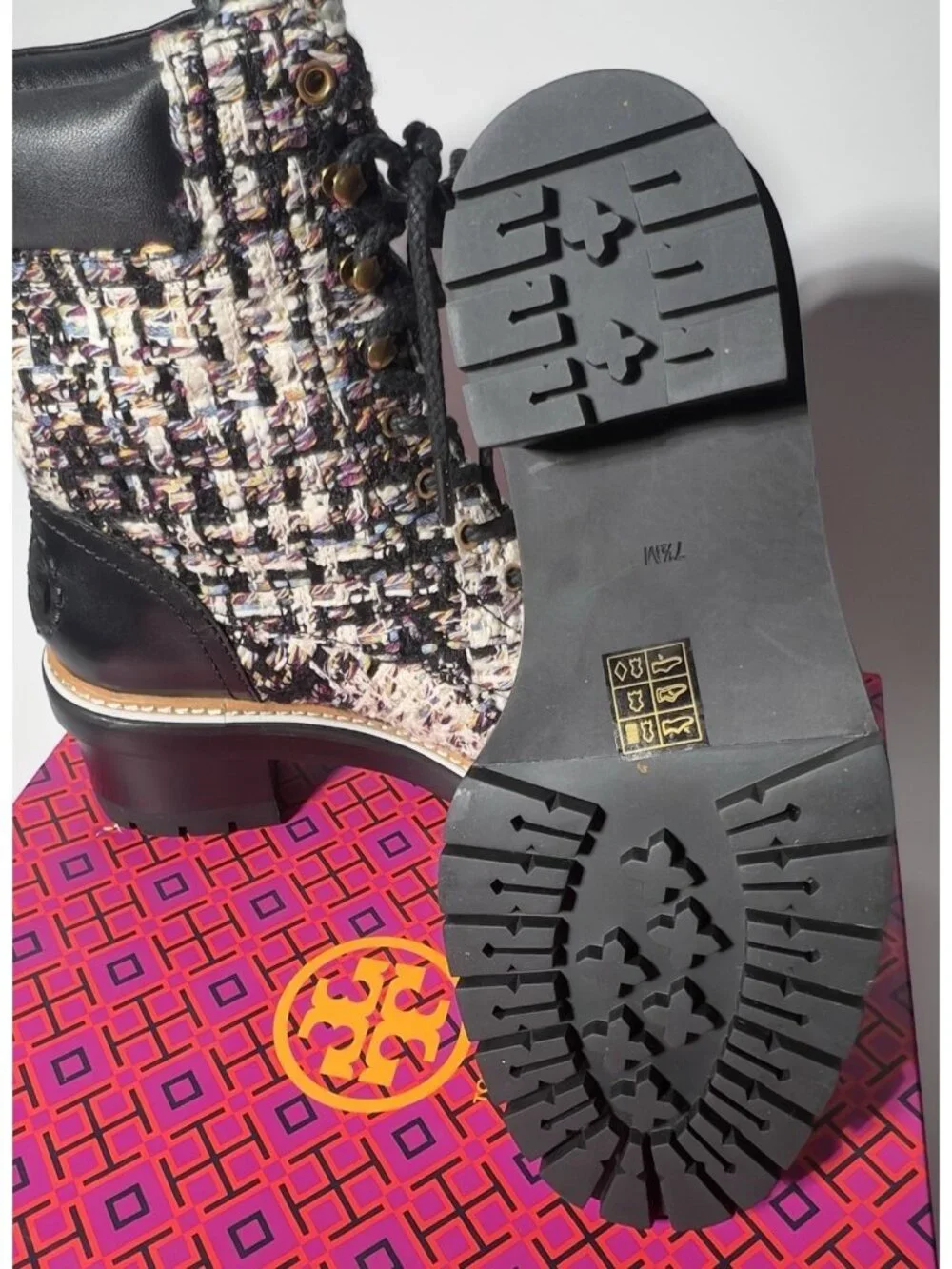 Tory Burch Tweed Leather Lace-Up Ankle Boots Women’s 7.5 New in Box